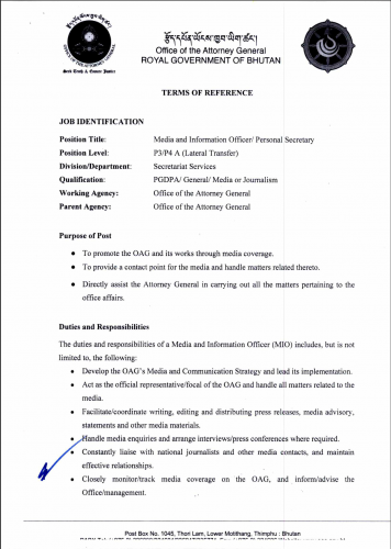 Vacancy Announcement for the post of PS/Media Officer
